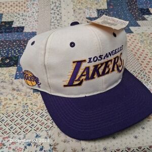 VTG LA Lakers Sports Specialties Hat Deadstock Motion Script White Purple NBA